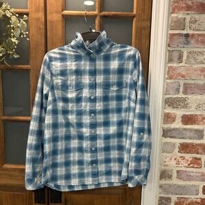 Eddie Bauer Womens Shirt Large Plaid Long Sleeve Button Down Blue White Outdoor